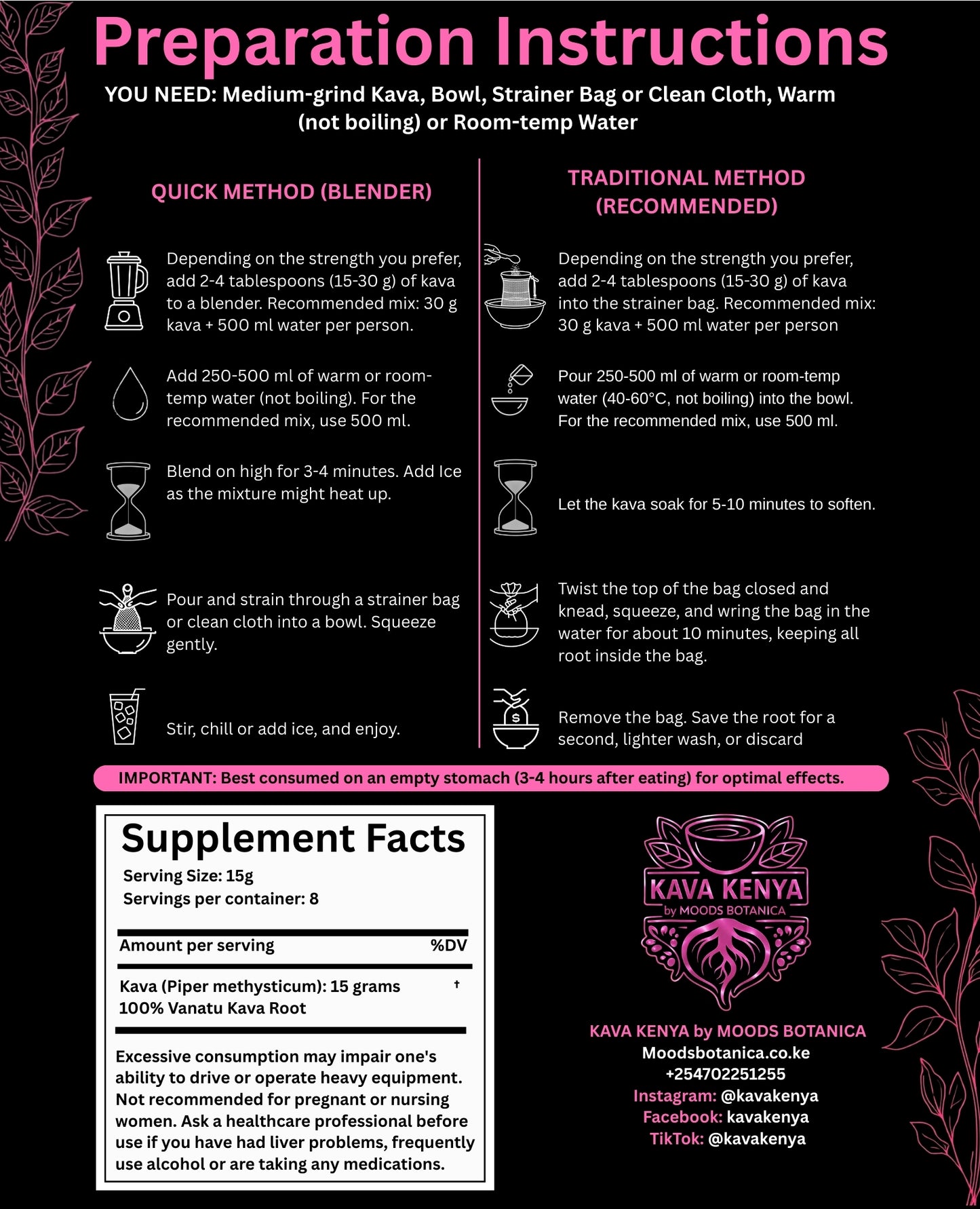 Instructions for preparing Kava with a focus on preparation methods and supplement facts.