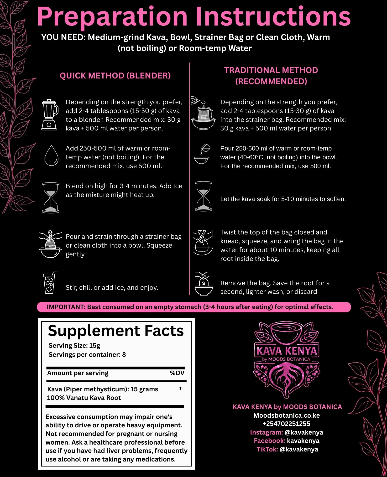 Instructions for preparing Kava with a focus on preparation methods and supplement facts.