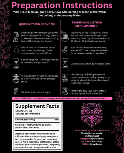 Instructions for preparing Kava with a focus on preparation methods and supplement facts.