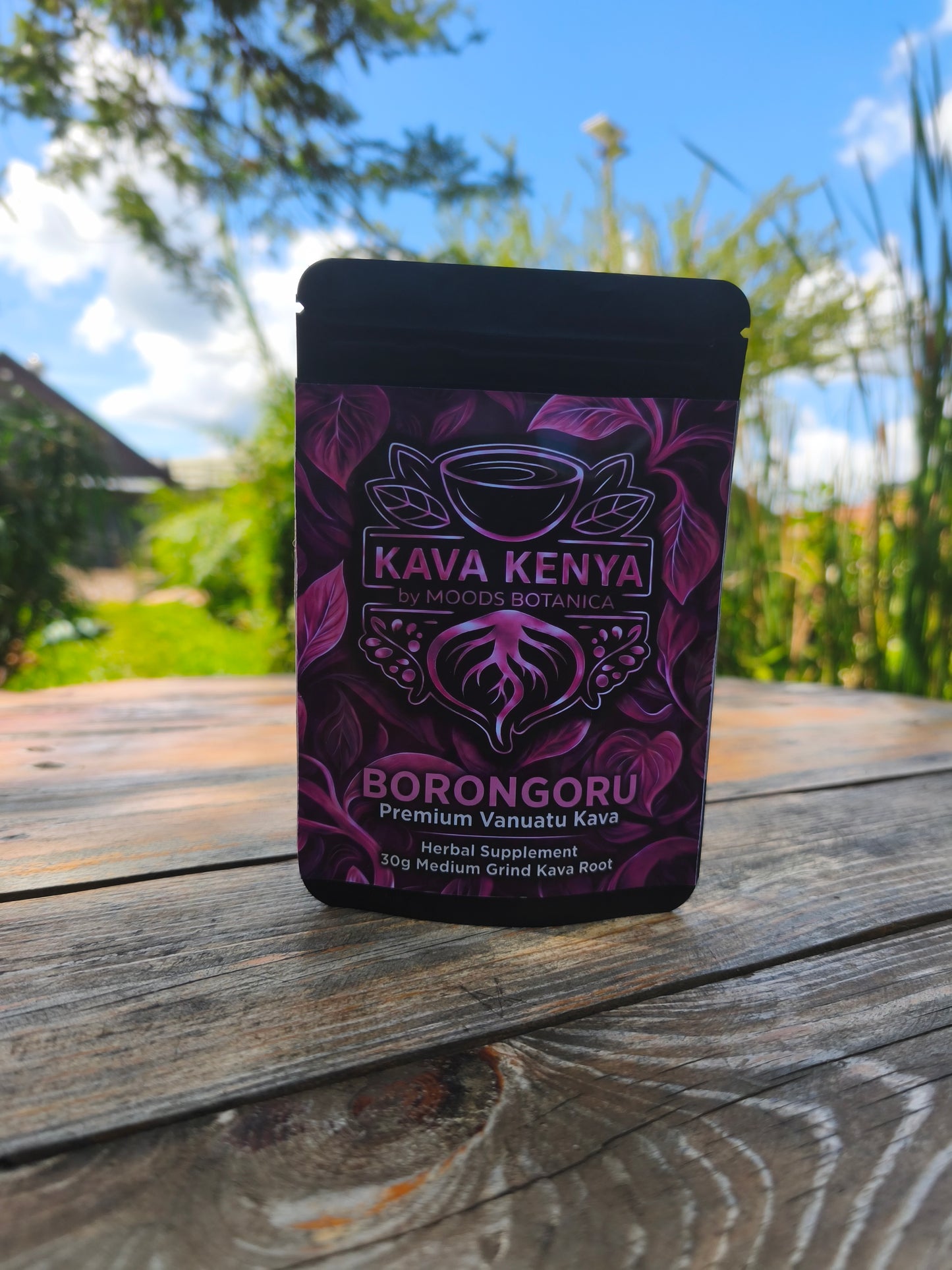 Kava Kenya Borongoru package on a wooden surface with a natural background