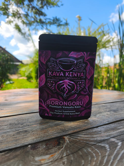 Kava Kenya Borongoru package on a wooden surface with a natural background