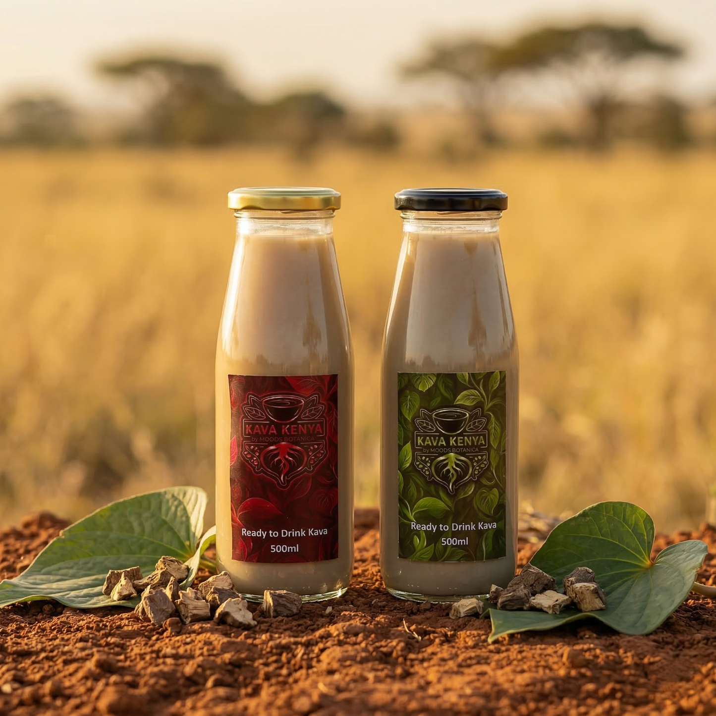 Two bottles of Kava Kenya kava on a dirt surface with a natural background