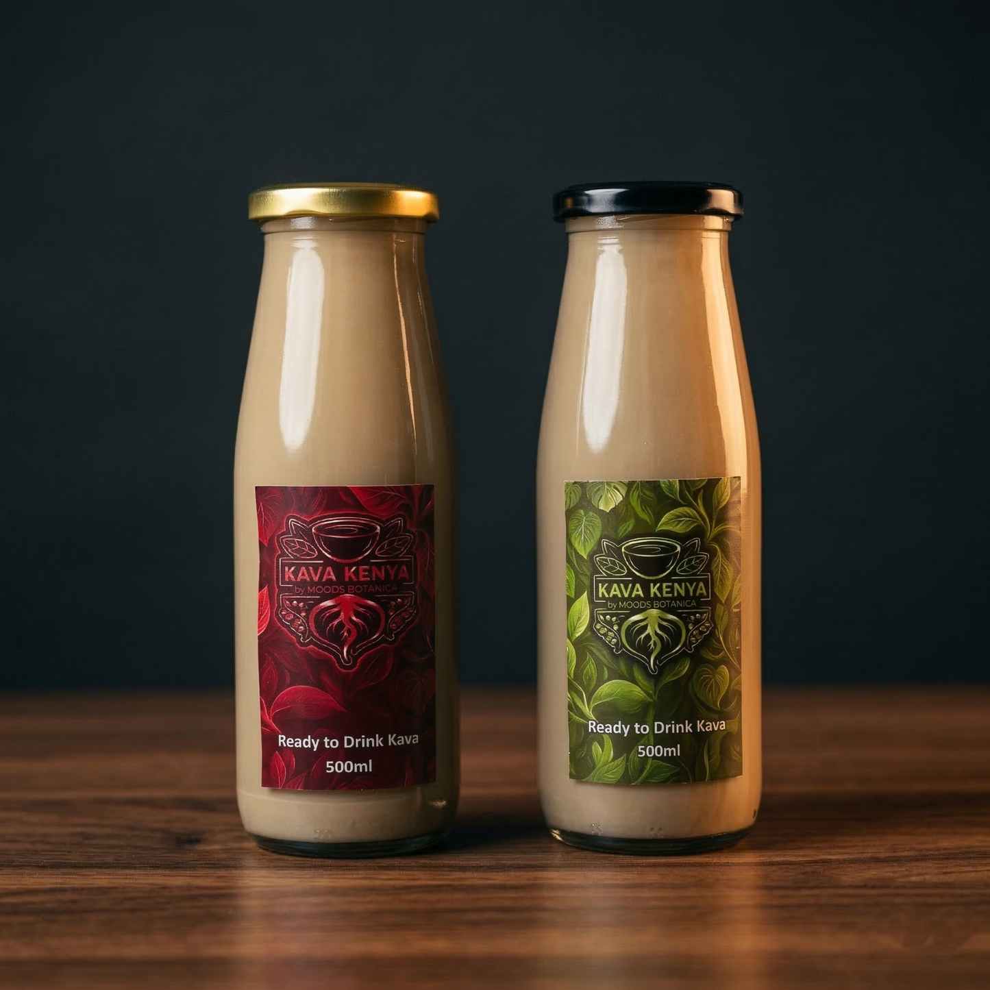 Two bottles of Kava Kenya Ready to Drink Kava on a wooden surface with a dark background