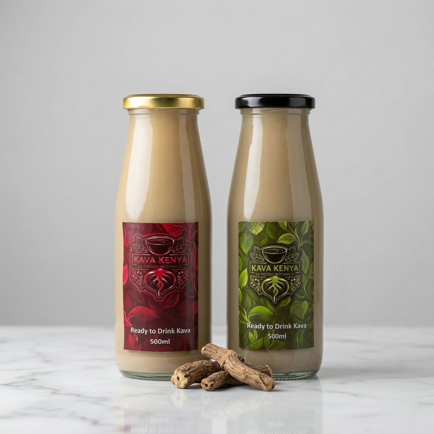 Two bottles of Kava Kenya ready-to-drink kava on a marble surface with a gray background.