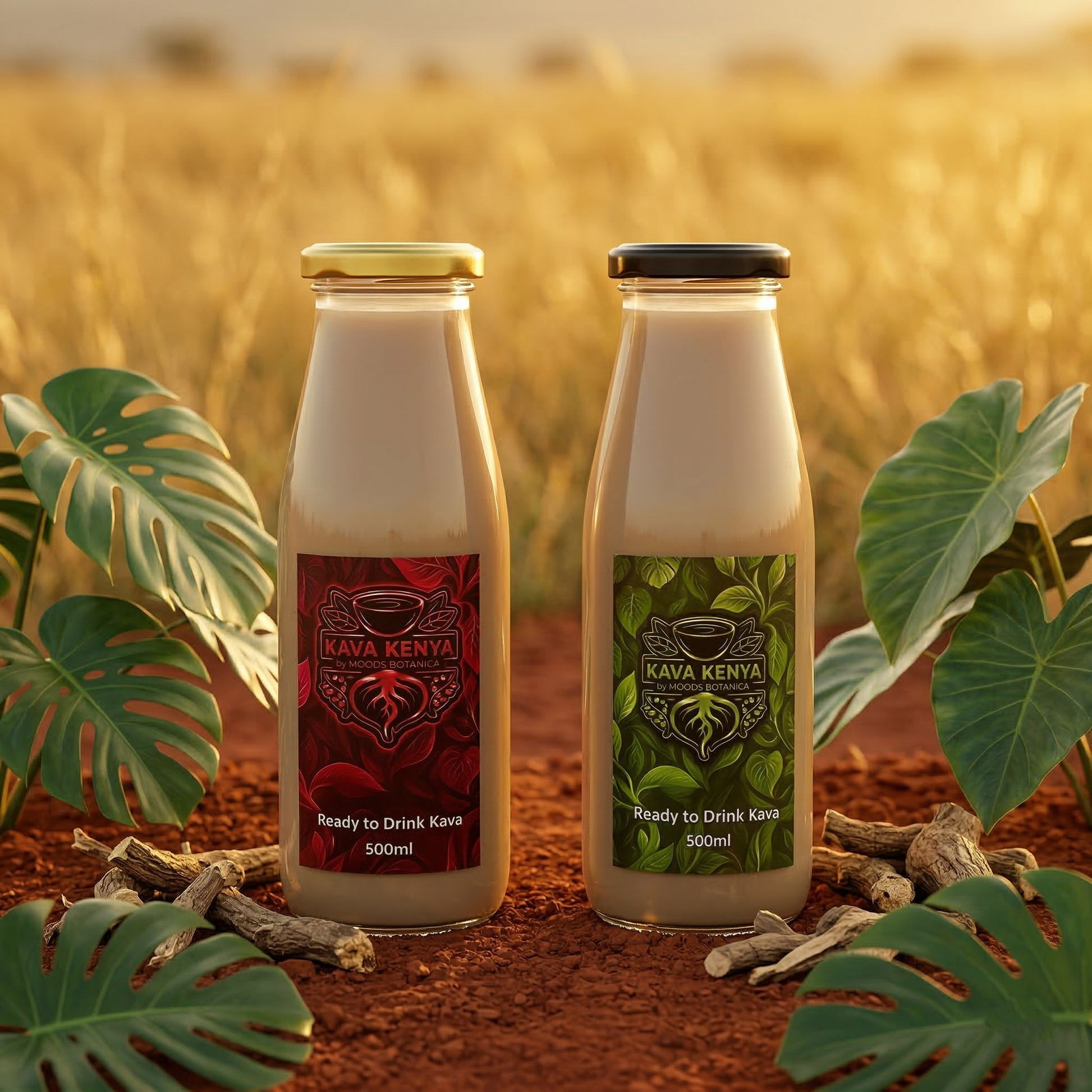 Two bottles of Kava Kenya Ready to Drink Kava with a natural background