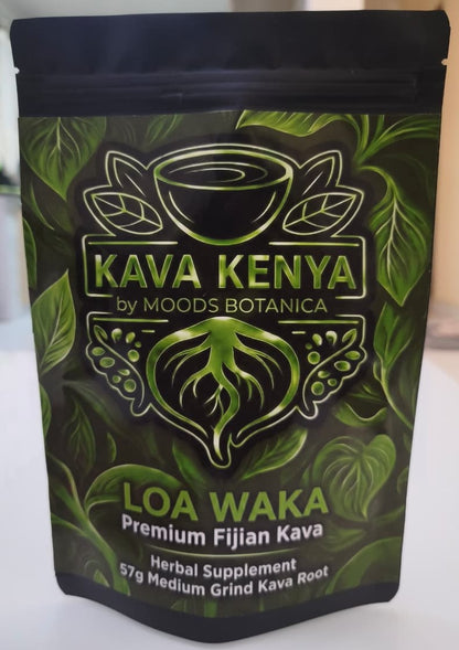 Kava Kenya Loa Waka packaging with green design and text.