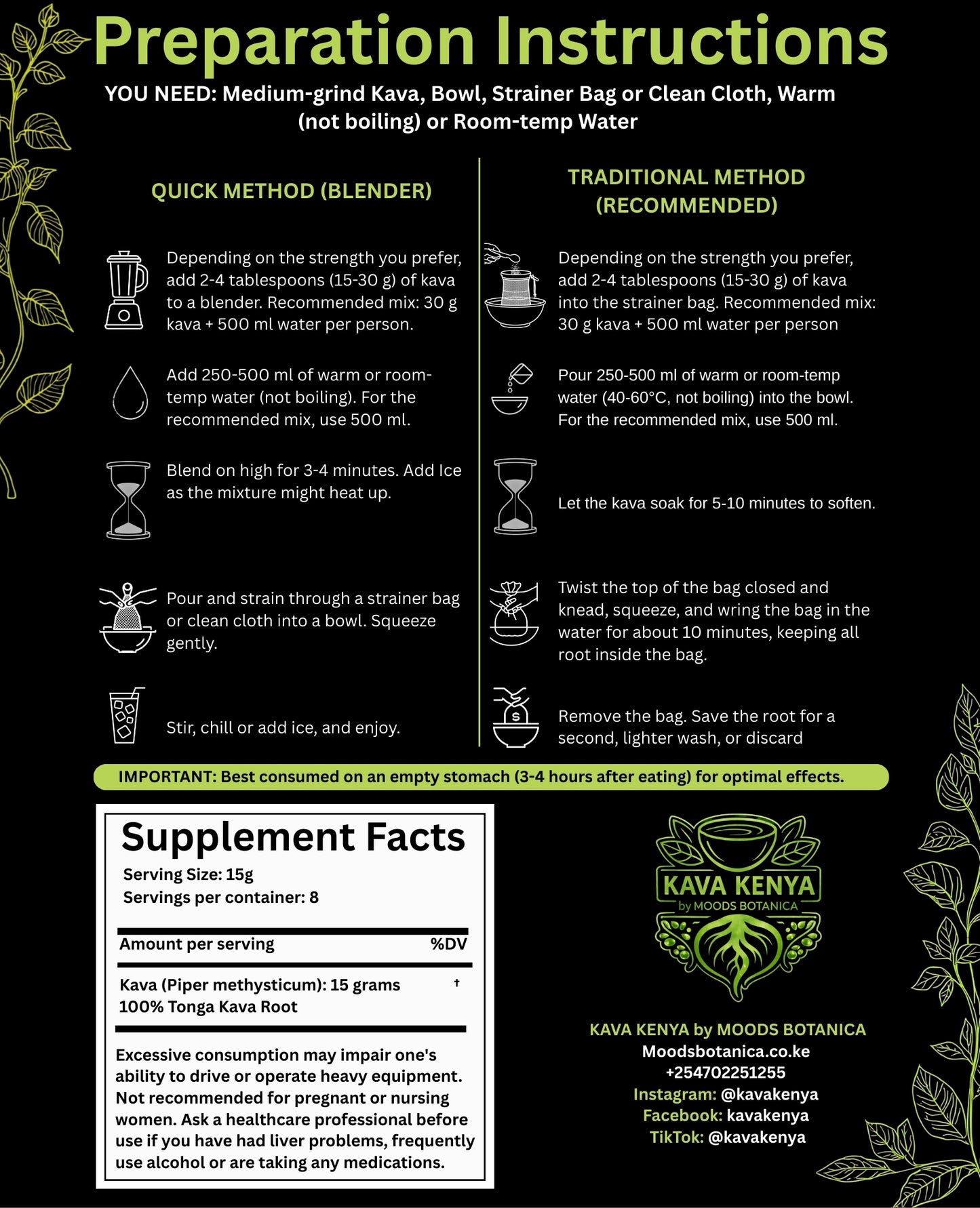 Preparation instructions for Kava with supplement facts on a black background