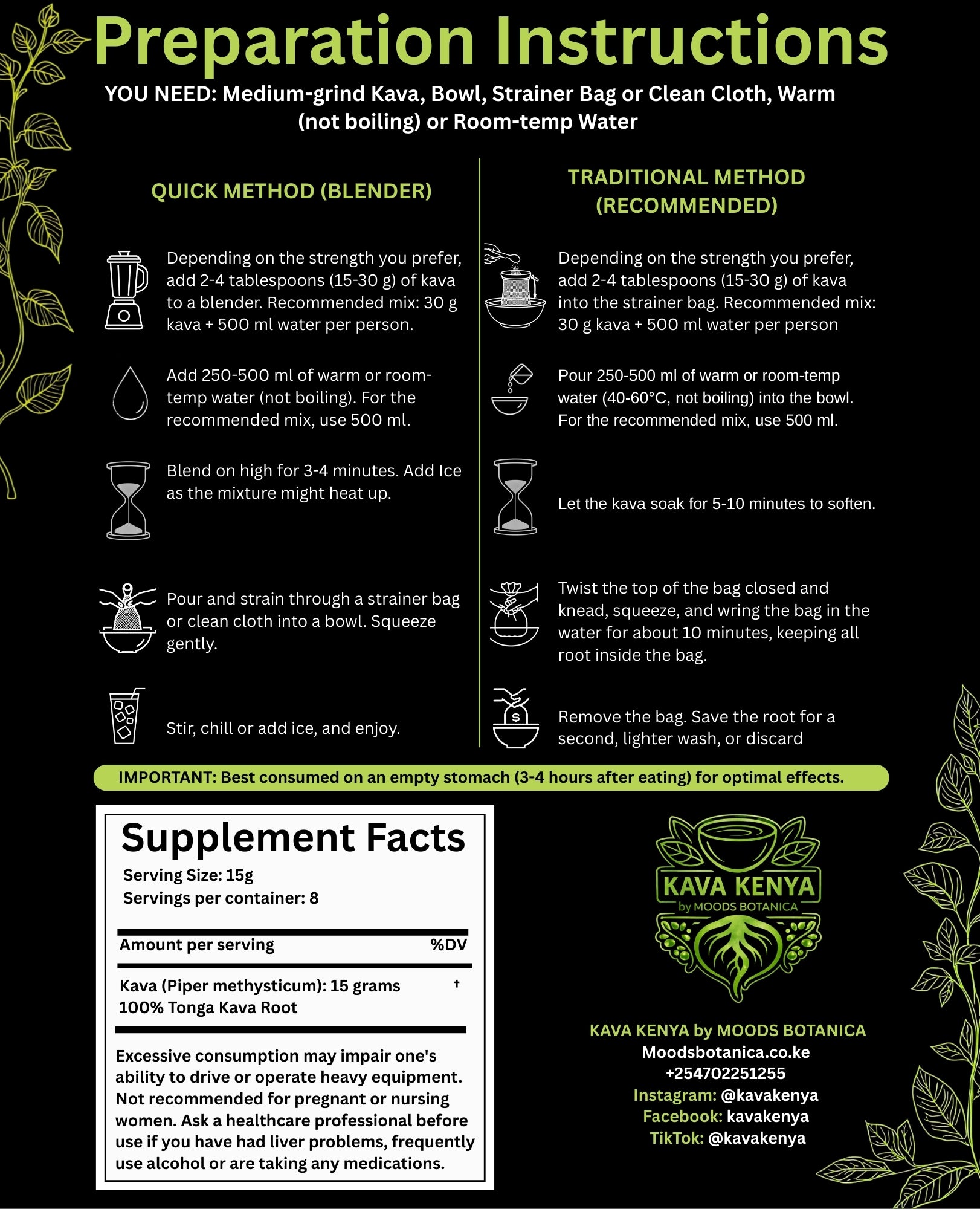 Preparation instructions for Kava with supplement facts on a black background