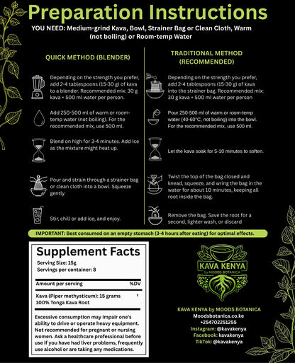 Preparation instructions for Kava with supplement facts on a black background