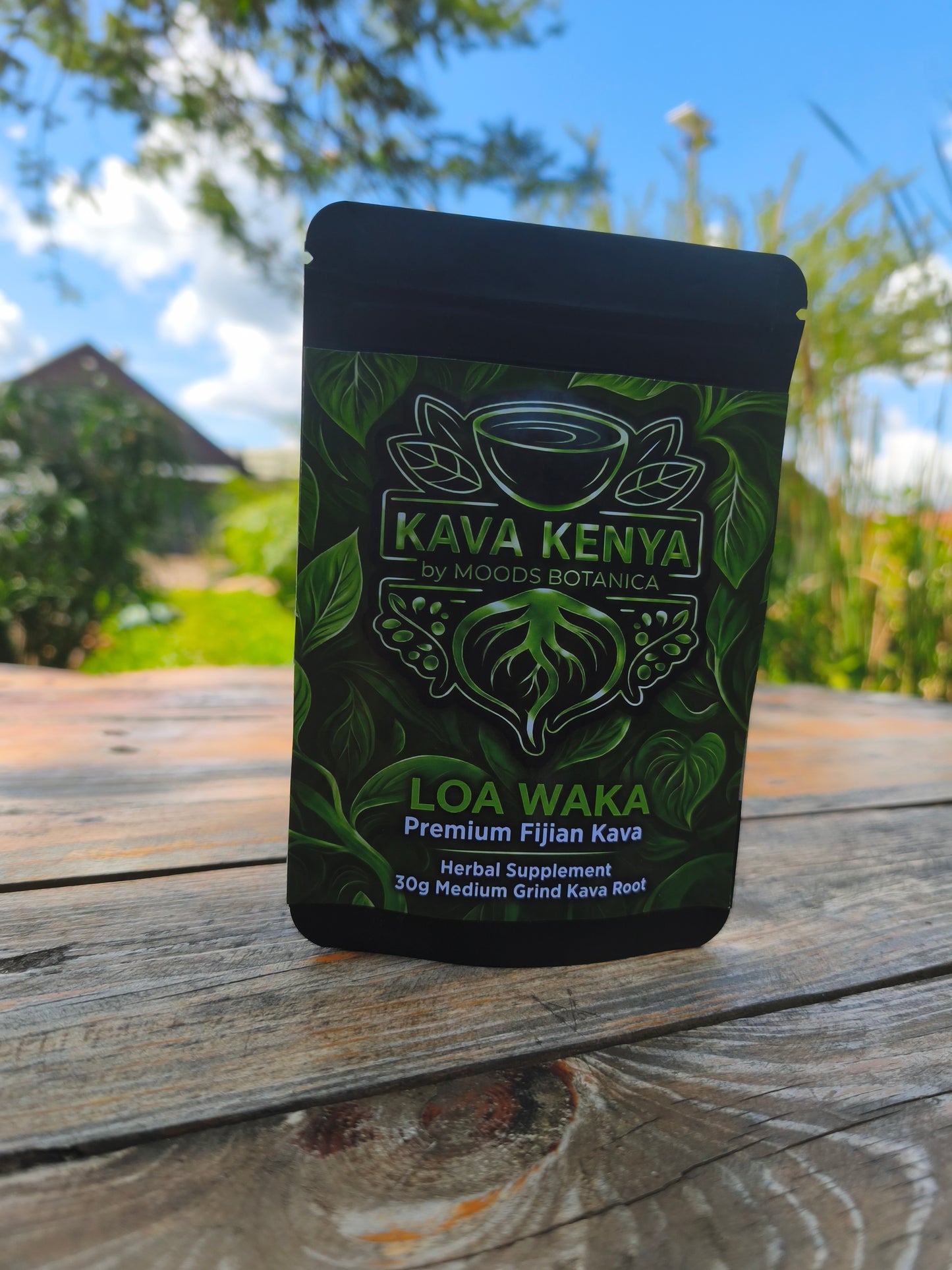 Kava Kenya LOA WAKA package on a wooden surface with a natural background
