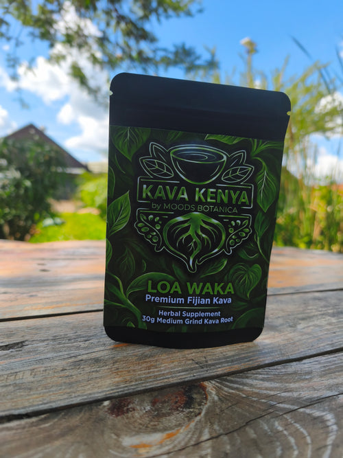Kava Kenya LOA WAKA package on a wooden surface with a natural background