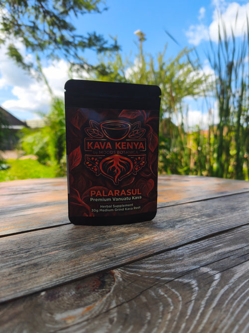 Kava Kenya Palarasul package on a wooden surface with a natural background
