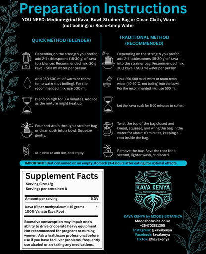 Preparation instructions for Stone Kava with supplement facts on a black background